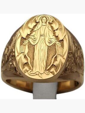 Signet Ring Virgin Mary Christian Prayer Ring 18K Gold Plated Size 8